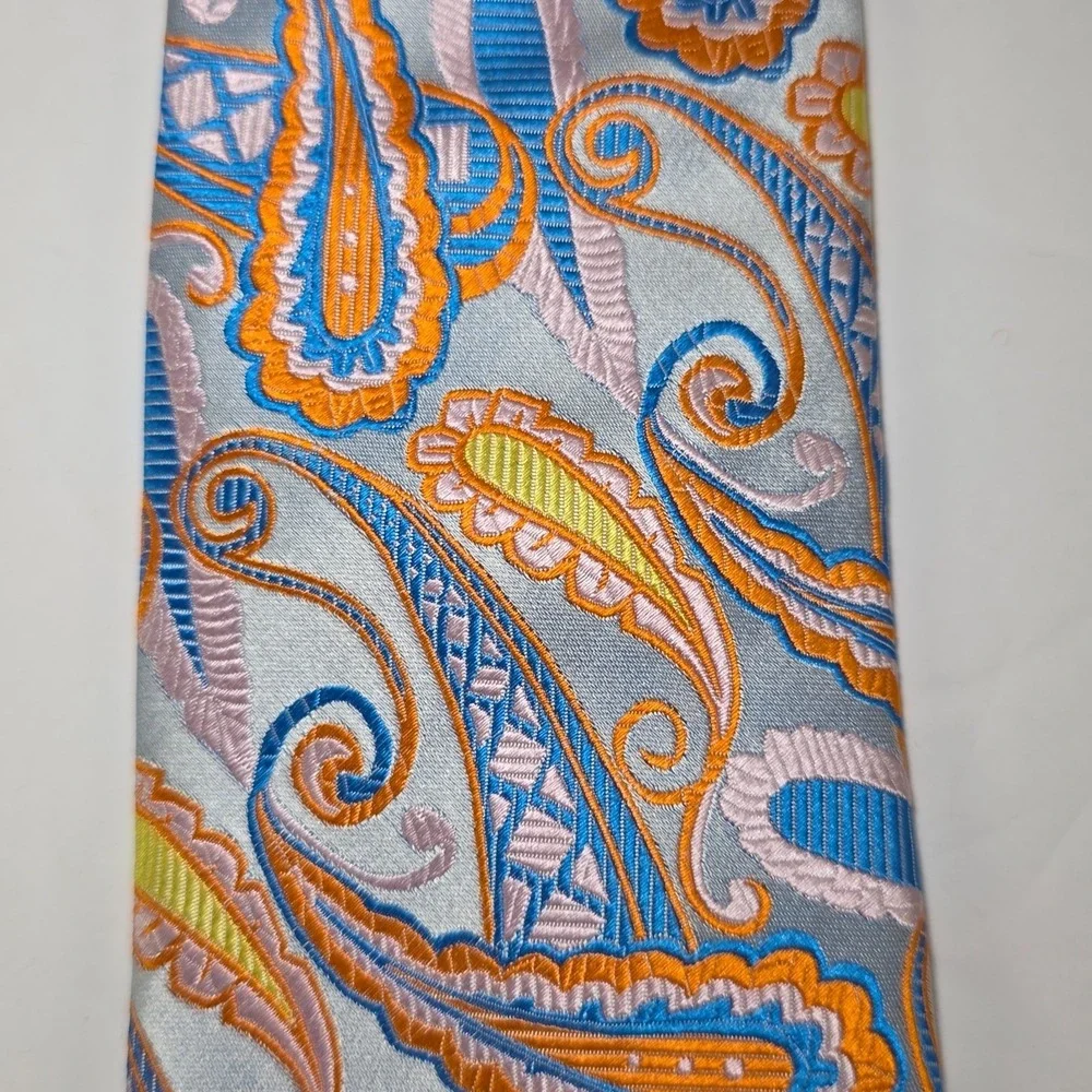 Krimson by Kwame Silk Tie Silver Orange Blue Paisley Made USA Mens Long Necktie